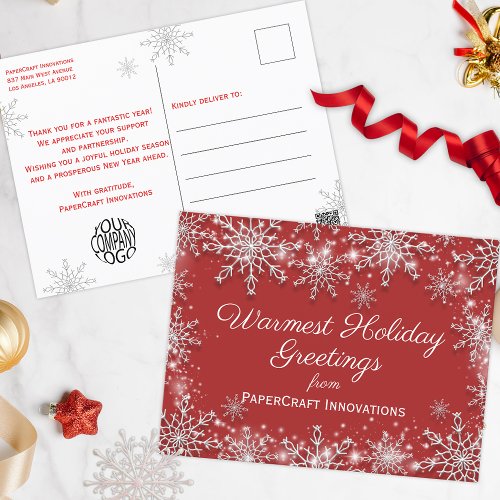 White Snowflakes on Red Christmas Corporate Holiday Postcard