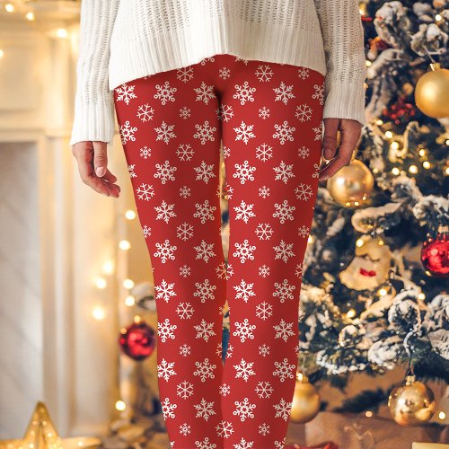 White Snowflakes On Red Cute Christmas Leggings