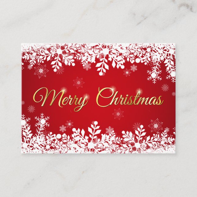 White Snowflakes on Red Merry Christmas Business Card (Front)