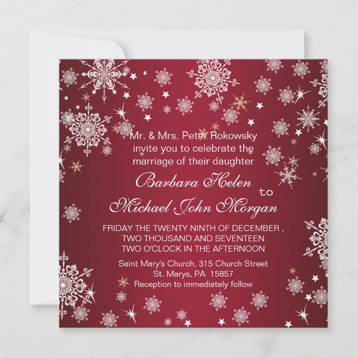 White snowflakes on red Wedding Invitation | Zazzle