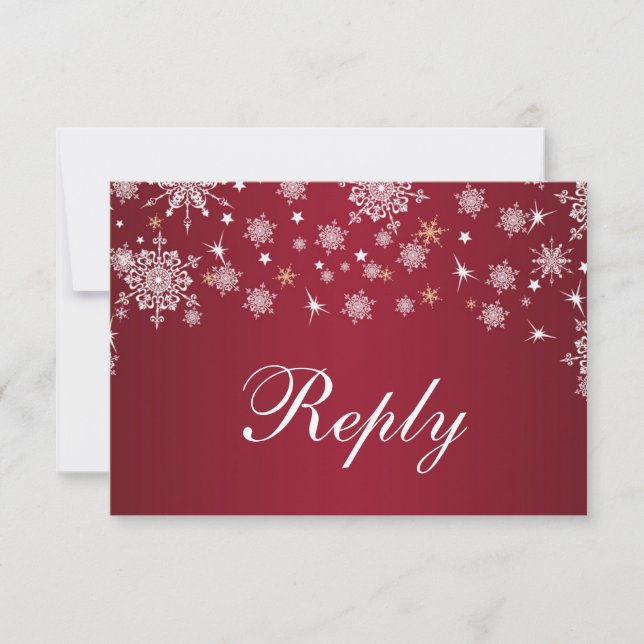 White snowflakes on red Wedding RSVP (Front)