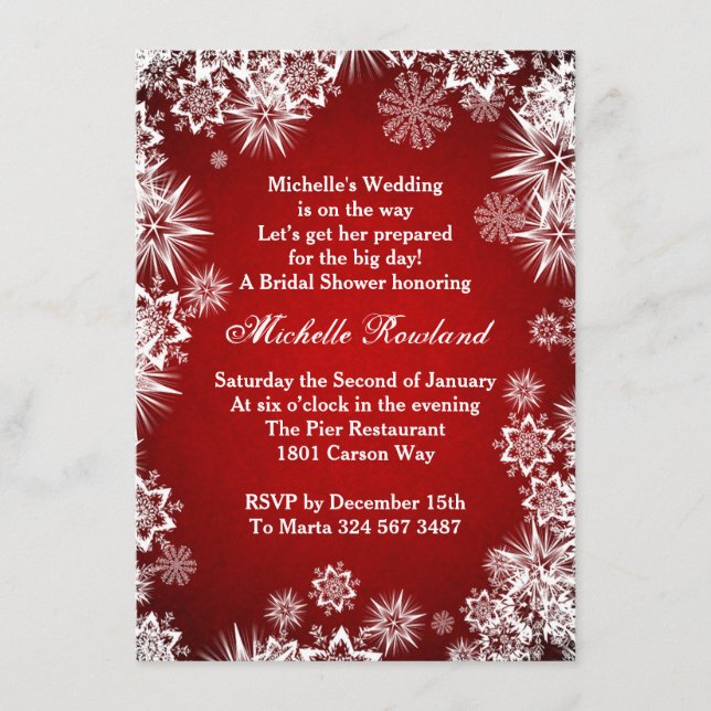 White snowflakes on red winter Bridal Shower Enclosure Card (Front)