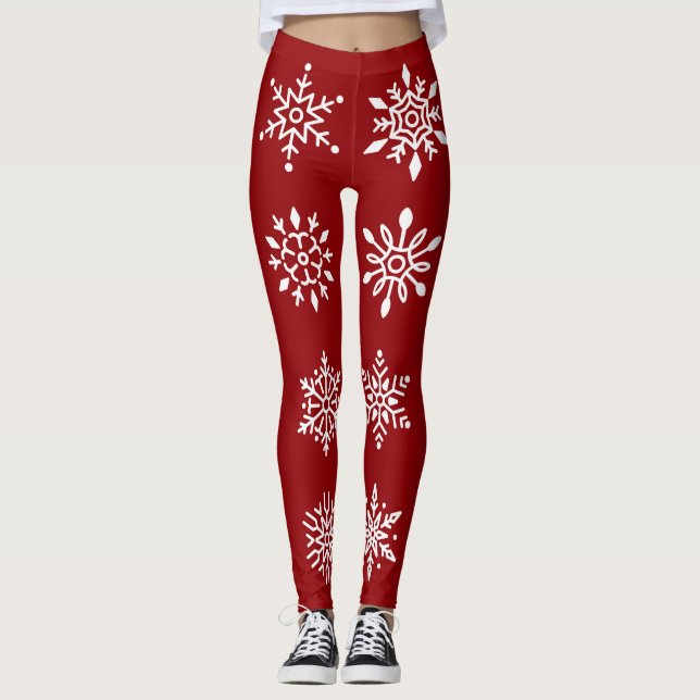 White Snowflakes On Red Winter Holiday Leggings (Front)