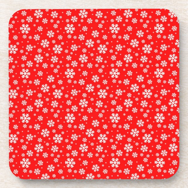 White Snowflakes on Red Winter Pattern Beverage Coaster (Front)