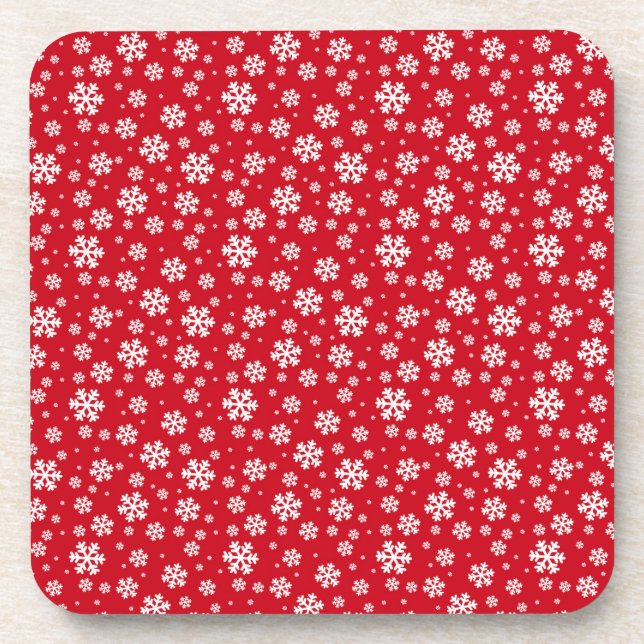 White Snowflakes on red Winter Pattern Beverage Coaster (Front)