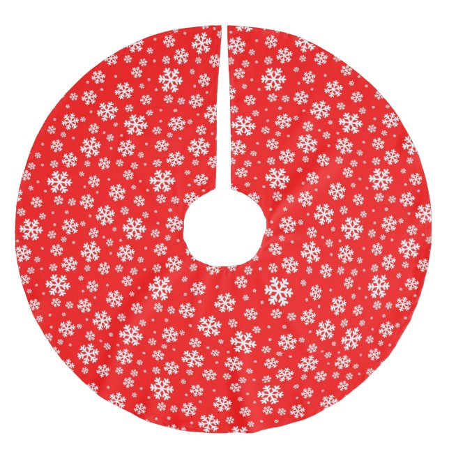 White Snowflakes on Red Winter Pattern Brushed Polyester Tree Skirt (Front)