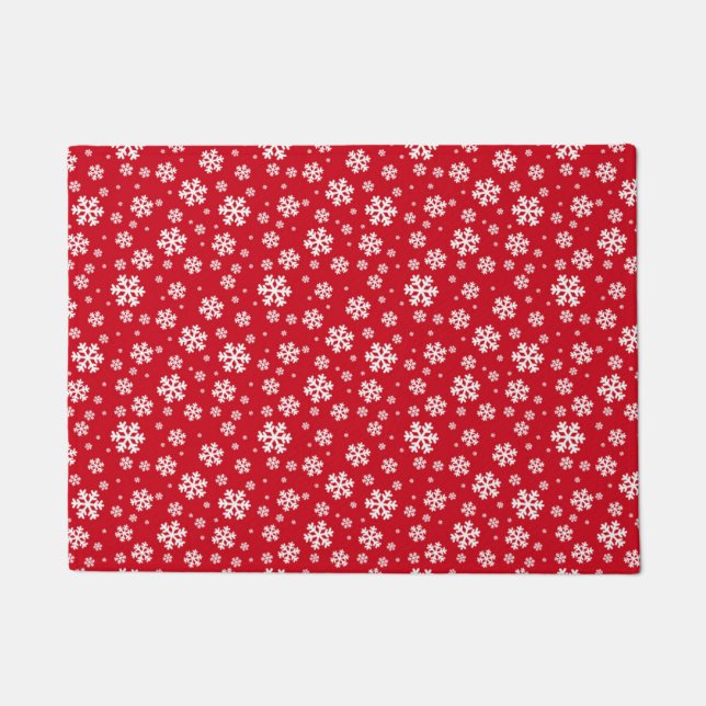 White Snowflakes on red Winter Pattern Doormat (Front)