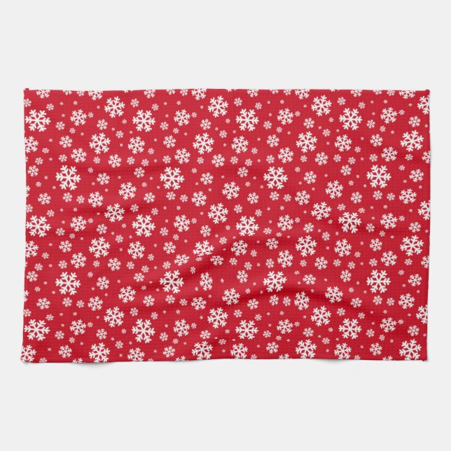 White Snowflakes on red Winter Pattern Kitchen Towel (Horizontal)