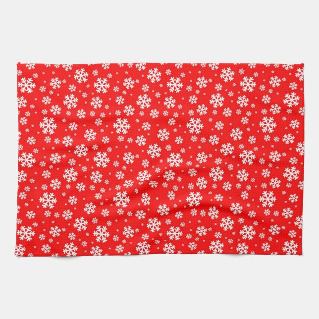 White Snowflakes on Red Winter Pattern Kitchen Towel (Horizontal)