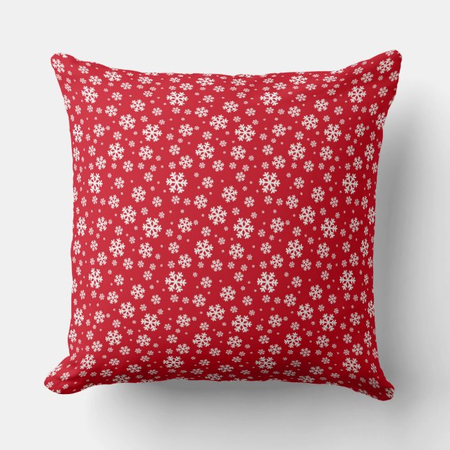 White Snowflakes on red Winter Pattern Throw Pillow (Front)