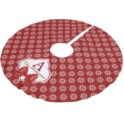 White Snowflakes on Red with Ribbon Monogram Brushed Polyester Tree Skirt