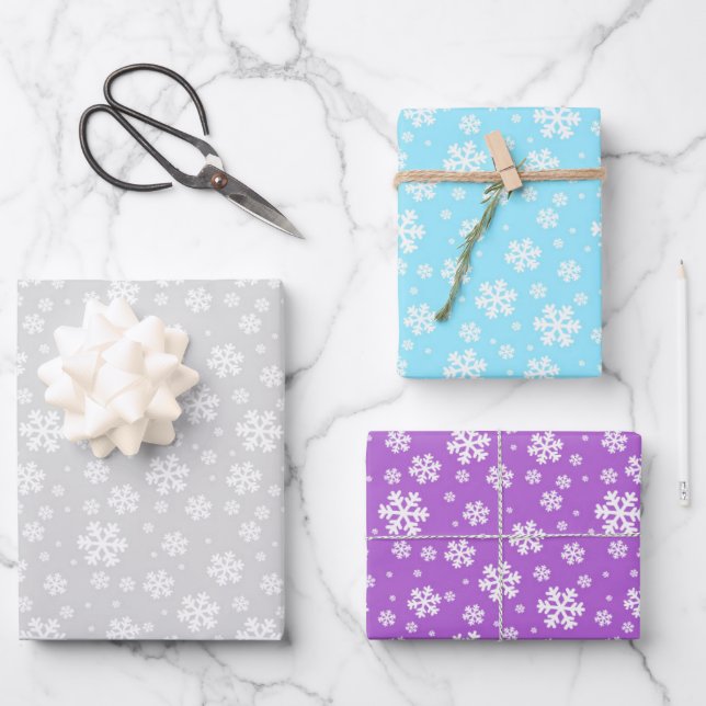 White Snowflakes on Silver, Blue & Purple Wrapping Paper Sheets (Front)