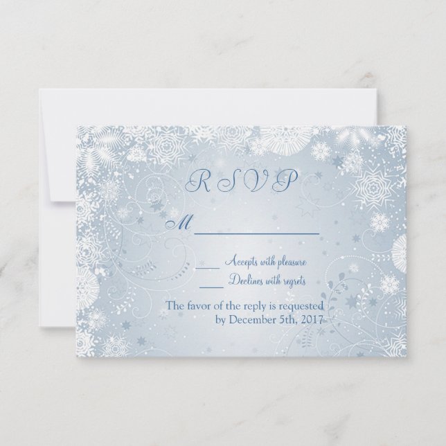 White snowflakes on silver blue RSVP Invitation (Front)