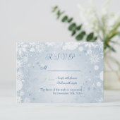 White snowflakes on silver blue RSVP Invitation (Standing Front)