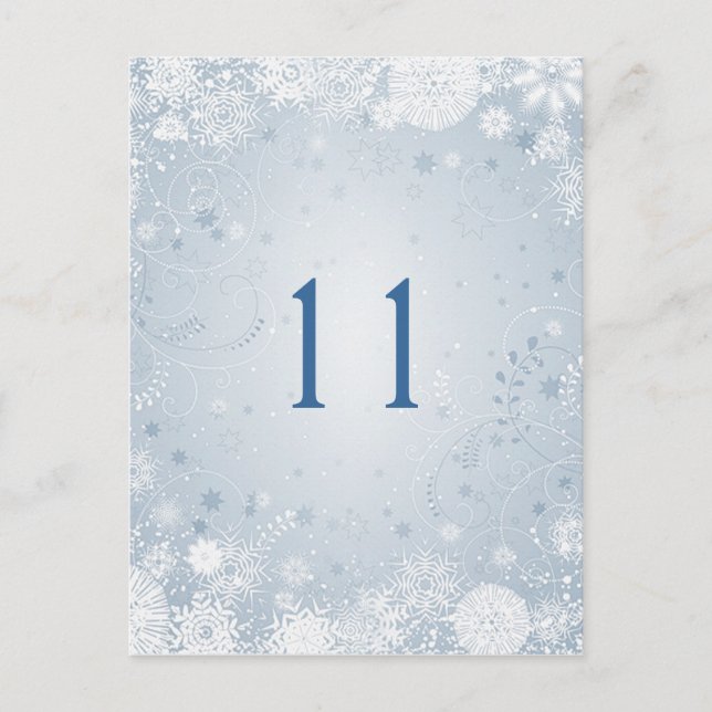 White snowflakes on silver blue Table Number (Front)
