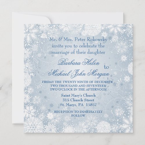 White snowflakes on silver blue Wedding Invitation