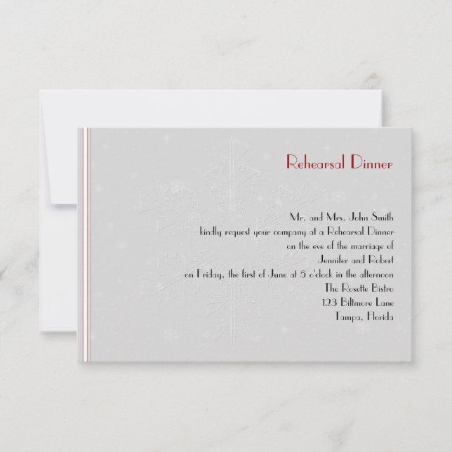 White Snowflakes on Silver Wedding Rehearsal Invitation (Front)