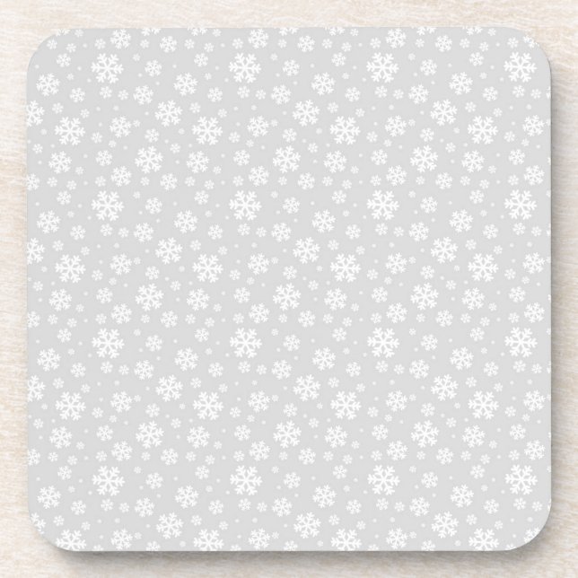White Snowflakes on Silver Winter Pattern Beverage Coaster (Front)