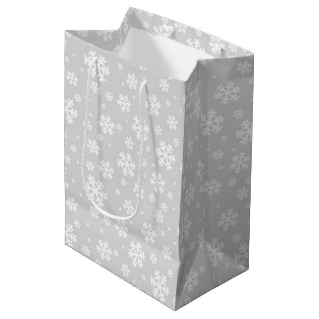 White Snowflakes on Silver Winter Pattern Medium Gift Bag (Front Angled)