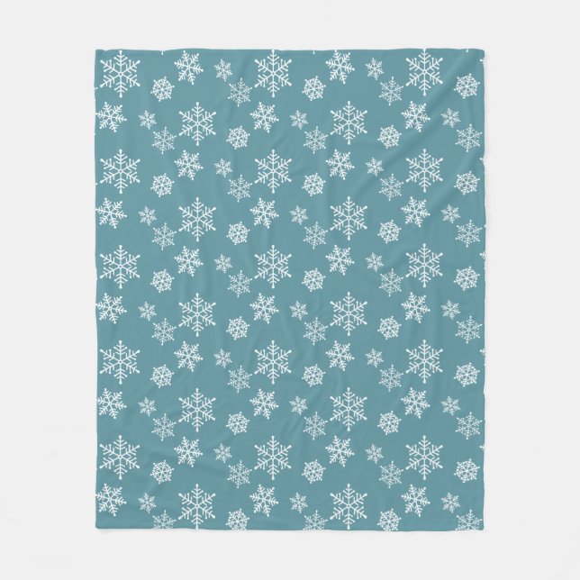 White Snowflakes on Teal Fleece Blanket (Front)