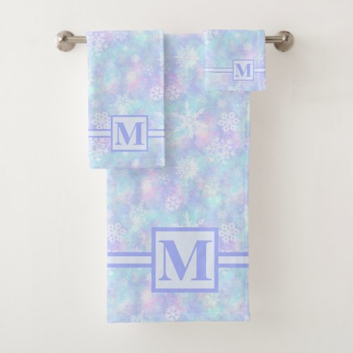 White Snowflakes on Winter Pastels Monogrammed Bath Towel Set