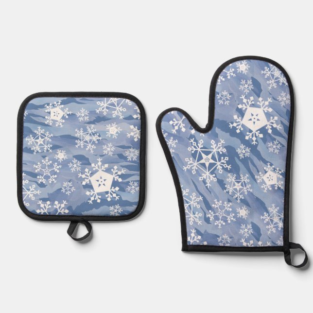White Snowflakes Oven Mitt & Pot Holder Set (Front)