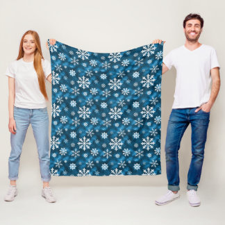 White Snowflakes Pattern On Blue Winter Fleece Blanket