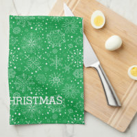 White Snowflake on Dark Green Kitchen Towel, Zazzle