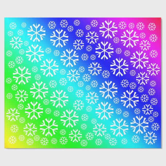 White Snowflakes Pattern on Rainbow Gradient Wrapping Paper (Flat)
