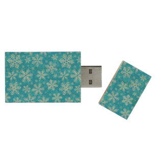 White snowflakes pattern wood flash drive