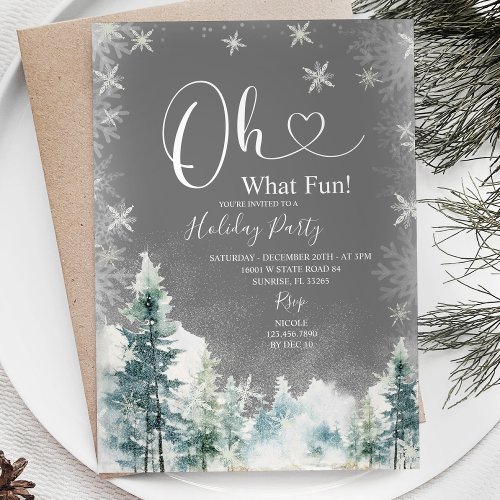 White Snowflakes  Pine Trees Holiday Party Invitation
