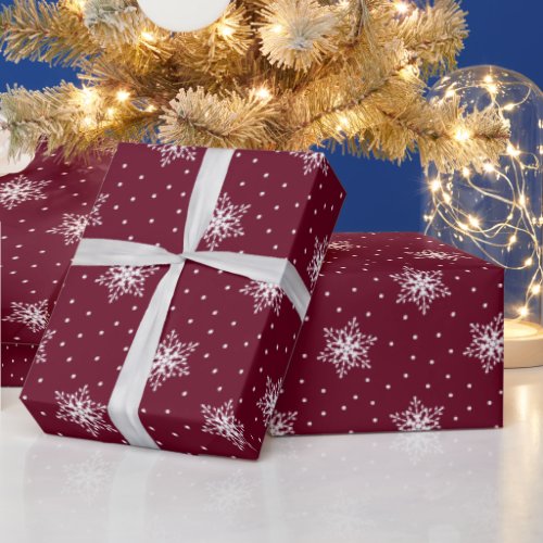 White Snowflakes Polka Dots Burgundy Christmas Wrapping Paper