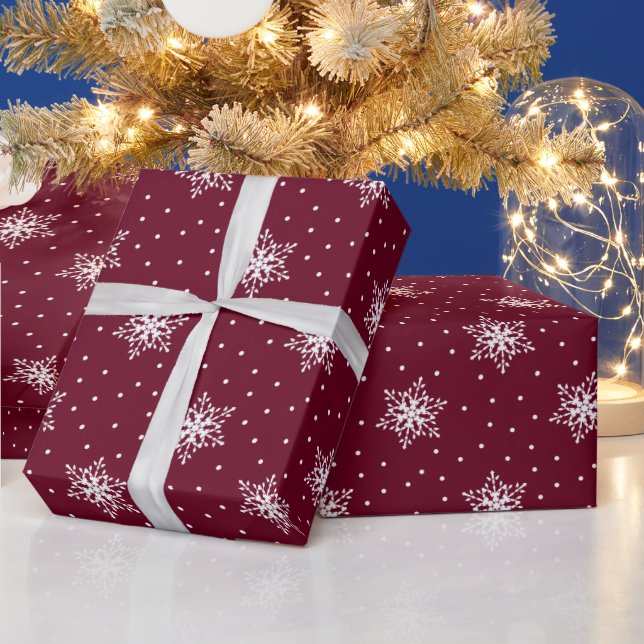 White Snowflakes Polka Dots Burgundy Christmas Wrapping Paper (Holidays)