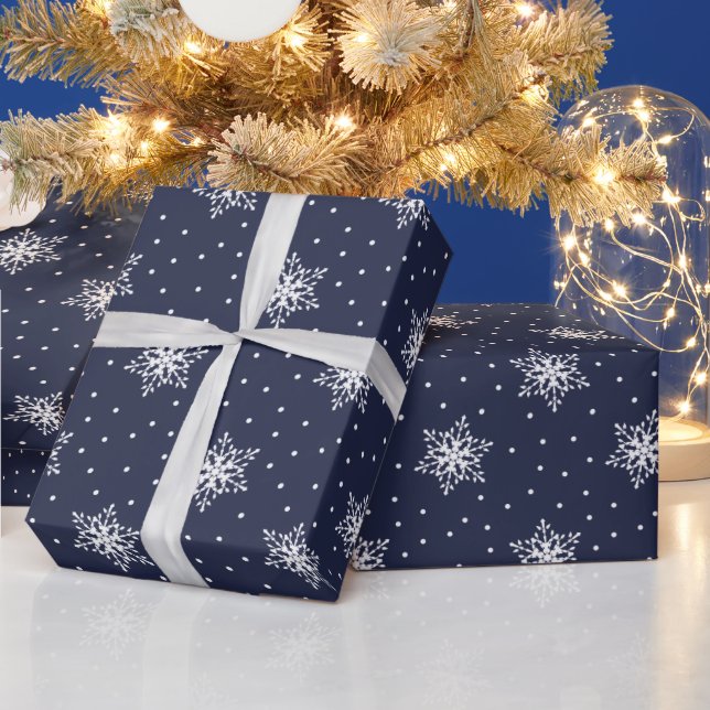 White Snowflakes Polka Dots Navy Blue Christmas Wrapping Paper (Holidays)