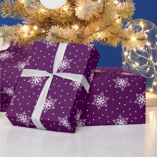 White Snowflakes Polka Dots Purple Christmas Wrapping Paper (Holidays)