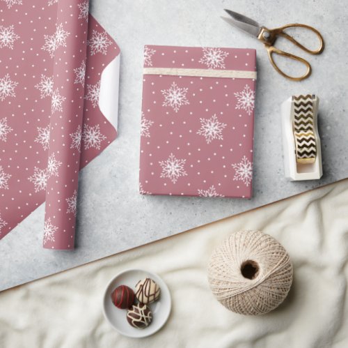 White Snowflakes Polka Dots Rose Gold Christmas Wrapping Paper