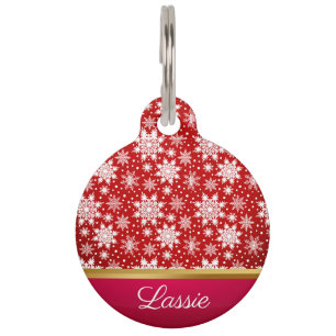 White Snowflakes Red background Round Pet Tag