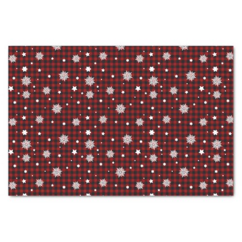White Snowflakes Red Black Buffalo Plaid Christmas Tissue Paper