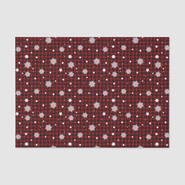 White Snowflakes Red Black Buffalo Plaid Christmas Tissue Paper (Front)