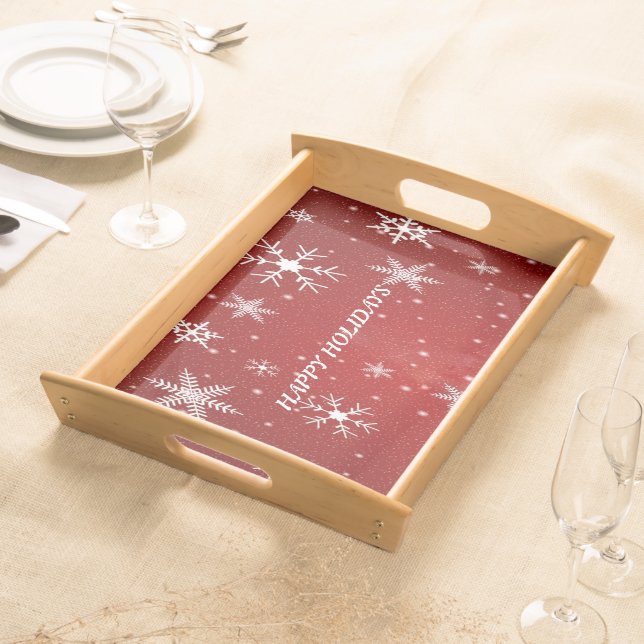 White Snowflakes Red Large Serving Tray (Front)