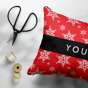 White Snowflakes, Red, Your name, Personalize Accent Pillow
