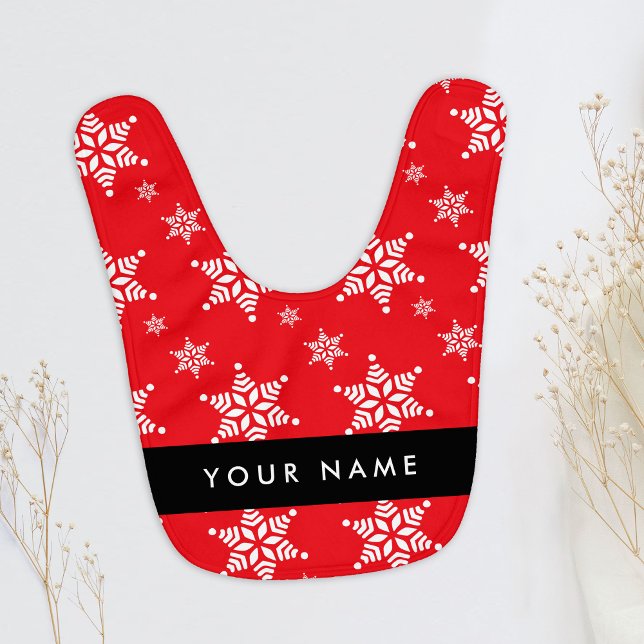 White Snowflakes, Red, Your name, Personalize Baby Bib (Creator Uploaded)