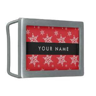 White Snowflakes, Red, Your name, Personalize Belt Buckle