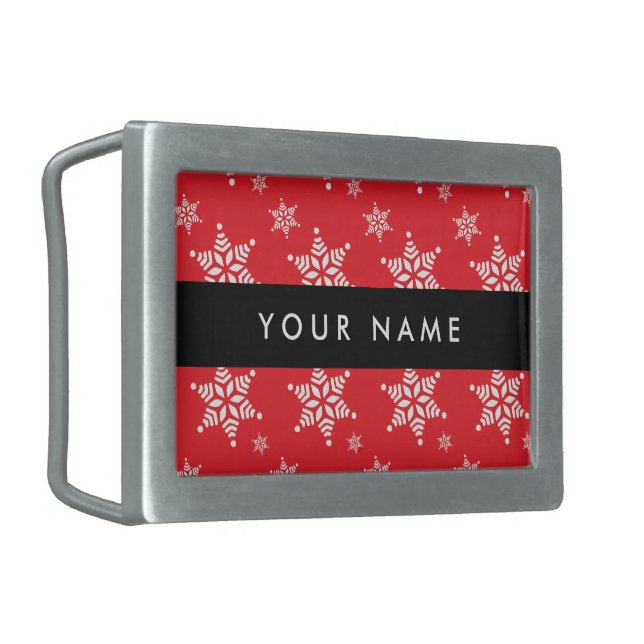 White Snowflakes, Red, Your name, Personalize Belt Buckle (Front Left)