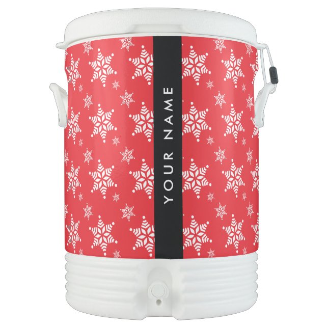 White Snowflakes, Red, Your name, Personalize Beverage Cooler (Front)