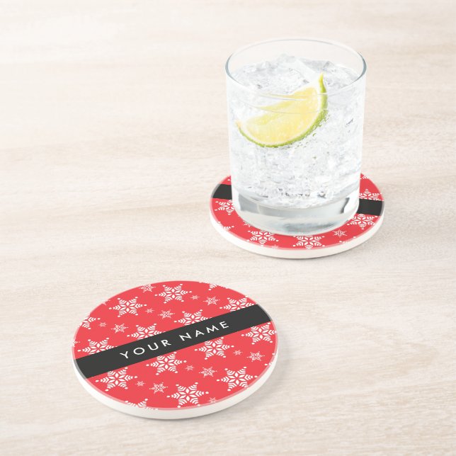 White Snowflakes, Red, Your name, Personalize Coaster (Side)