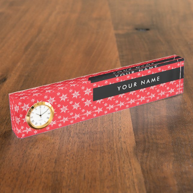 White Snowflakes, Red, Your name, Personalize Desk Name Plate (Side)