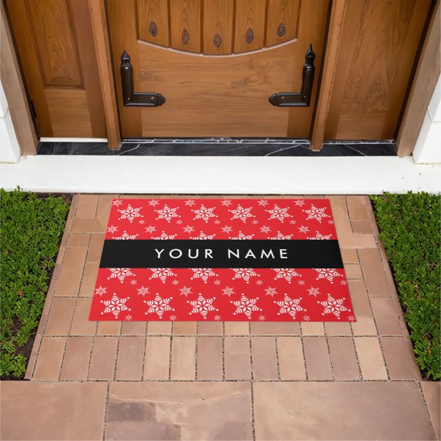 White Snowflakes, Red, Your name, Personalize Doormat (Outdoor)