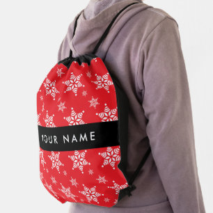 White Snowflakes, Red, Your name, Personalize Drawstring Bag