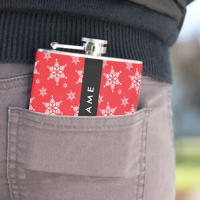 White Snowflakes, Red, Your name, Personalize Flask (In Situ)
